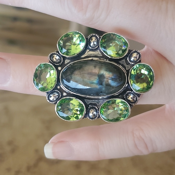 New Huge Labradorite and Tsavorite 925 Silver Statement Ring. - Picture 11 of 16